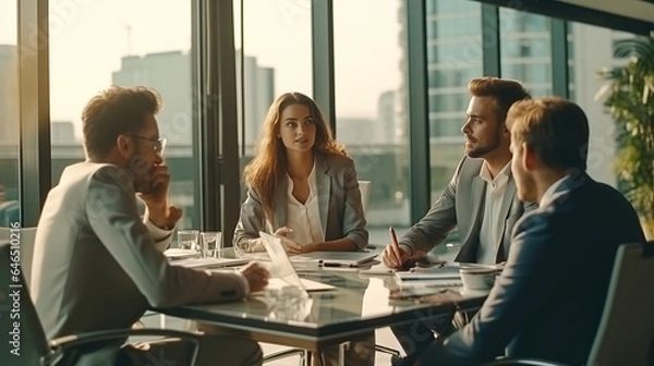 Fototapeta People have business meeting in office. AI generated image
