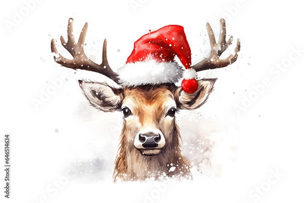 Fototapeta Picture of colored drawing of christmas reindeer wearing santa hat. Concept Christmas card.Close up.Copy space.Generative AI
