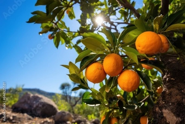 Fototapeta Some oranges are growing on trees