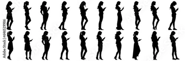Fototapeta Woman with mobile phone silhouettes set, large pack of vector silhouette design, isolated white background