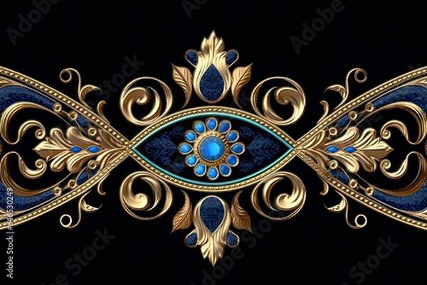 Fototapeta A blue and gold background with a border with gold and turquoise beads, Generative AI