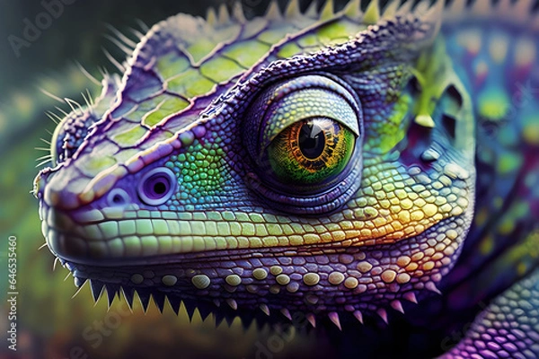 Obraz Purple chameleon close-up with big eye. Chameleon's head, digital illustration. Beautiful colorful skin in detail. Reptile portrait. Wild life in jungle. Image is AI generated.