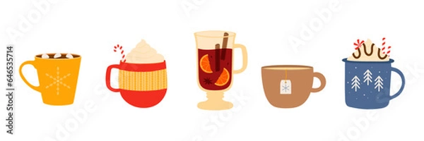 Fototapeta Set of hot winter drinks. Cups with warm drinks. Vector illustration