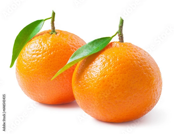 Obraz Tangerines or clementines with green leaf on white. Package design element