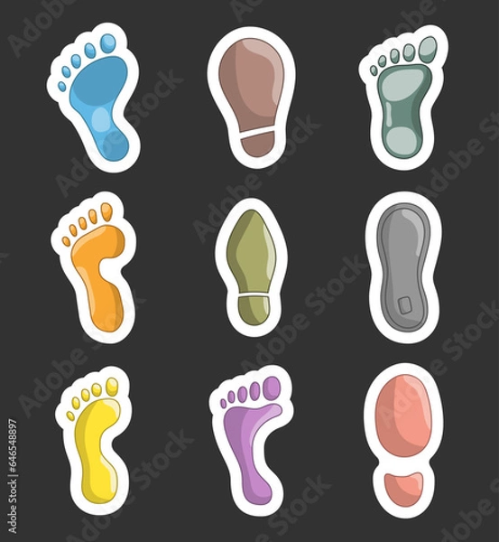 Fototapeta Different human footprints. Sticker Bookmark. Shoe tread imprint. Hand style. Vector drawing. Collection of design elements.