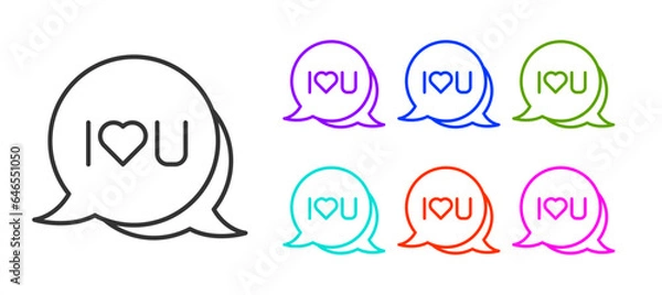 Fototapeta Black line Speech bubble with text I love you icon isolated on white background. Valentines day. Set icons colorful. Vector
