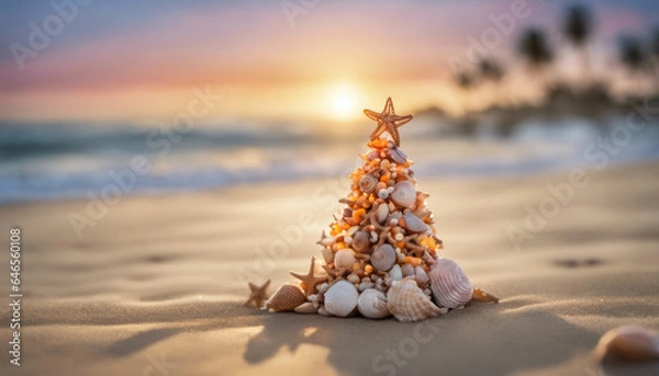 Fototapeta Small seashell christmas tree on the beach with copy space