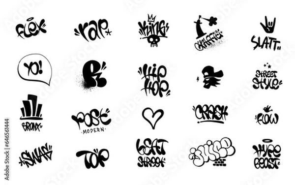 Fototapeta hip hop culture rap music graffiti lettering tags set ,isolated vector design element