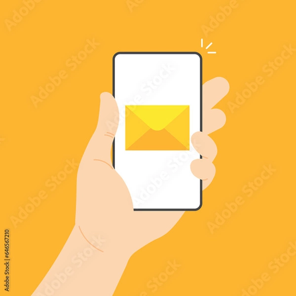 Obraz New mail notification on a screen. Yellow envelope on smartphone screen. Hand holds phone with incoming messaging. Vector illustration in modern flat style.