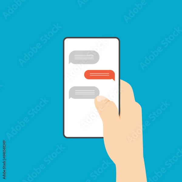 Obraz Hand holding phone with chat messages on a screen. Speech bubbles boxes on smartphone display. Sending new messages. Vector illustration in modern flat style.