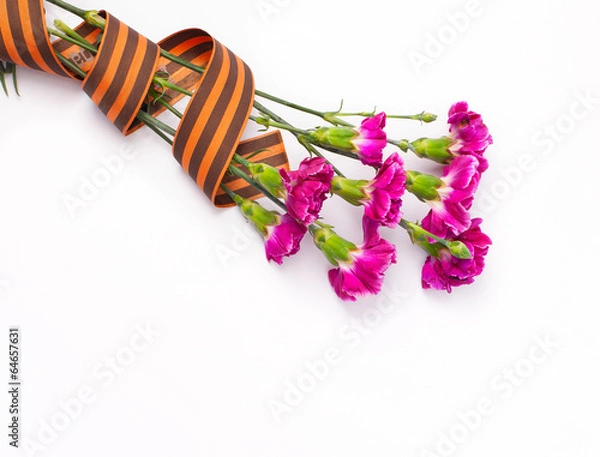 Obraz military greeting card with flowers and St. George Ribbon on whi