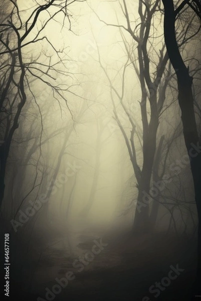 Fototapeta Misty spooky forest background, gloomy trees in scary horror foggy woods Happy Halloween dark night creepy nature mist fantasy atmosphere mystery dramatic landscape fall nightmare scenery. Copy space