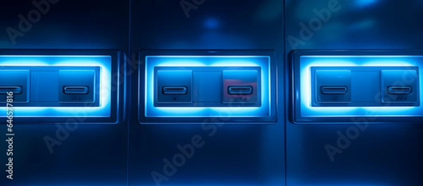 Obraz neon light switches on a blue wall, in the style of hyper-realistic sci-fi, cabincore, neon