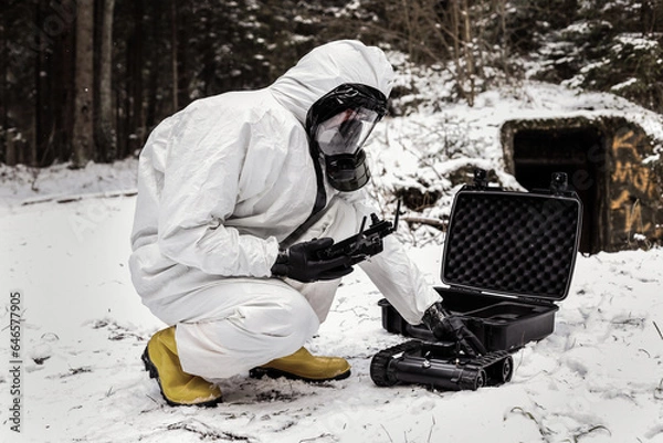 Fototapeta a man in a chemical suit with a GCS ground control station. robot for searching radiation sources