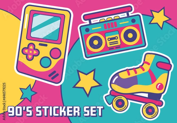Fototapeta Vibrant Retro 90s Technology Toys Sticker Set