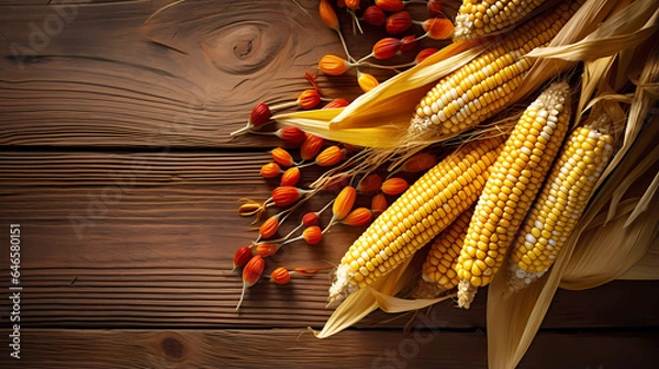Fototapeta Corn on display for holiday decoration against a wood background. Yellow corn on wooden countertop.  Top down view with copy space. 
