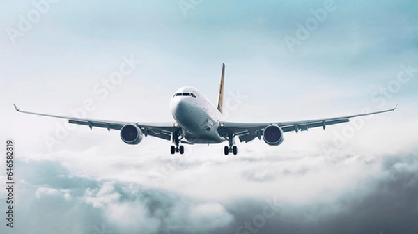 Fototapeta White airplane is flying in the daytime sky overcast