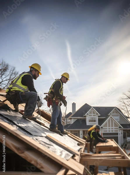 Fototapeta Mastering the Heights: Roofing Professional at Work