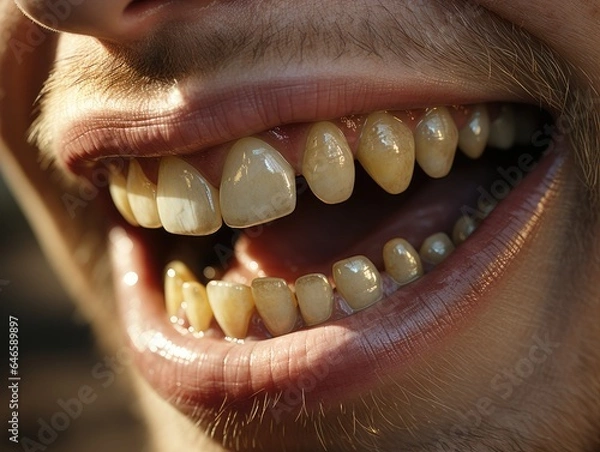 Fototapeta yellow dirty teeth that need to be cleaned. generative AI