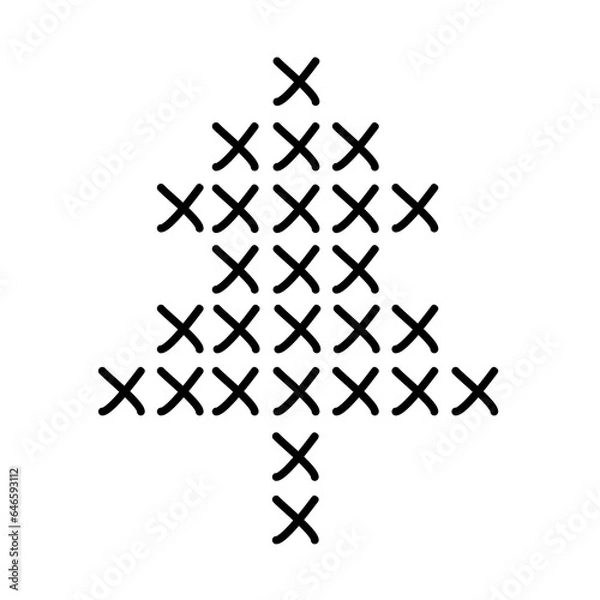Obraz Cross stitch Christmas tree or pine, doodle flat vector outline illustration for kids coloring book