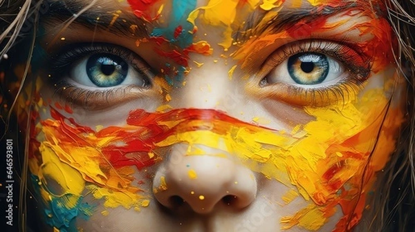 Fototapeta Colorful face paint artwork with expressive eyes looking at camera; vibrant portrait.