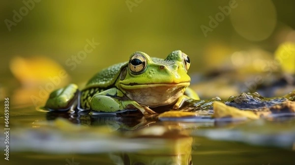 Fototapeta Green Frog in Aquatic Environment with Reflective Surface