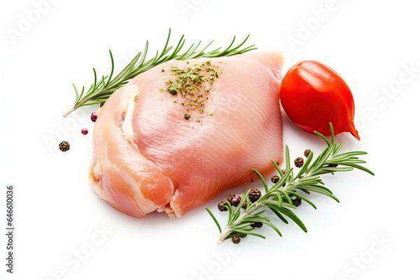 Obraz Chicken breast meat and herbs isolated on white, Generative AI