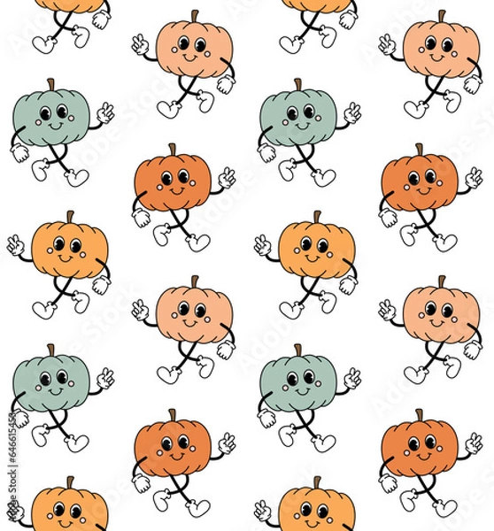 Fototapeta Vector seamless pattern of different color retro groovy cartoon pumpkin isolated on white background