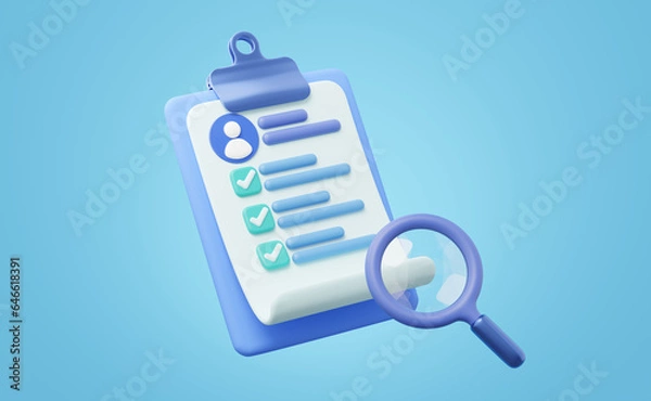 Obraz 3d Functional testing checklist for job interview icon. CV resume document on clipboard, magnifier glass. Personal profile icon for worker HR search, human resources. Cartoon 3d render. Clipping path.