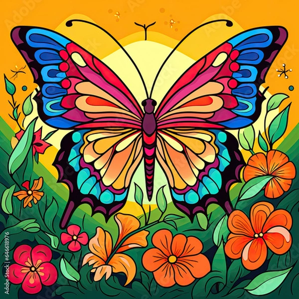 Fototapeta Colouring page for kids, a vibrant butterfly fluttering among colourful flowers AI Generated