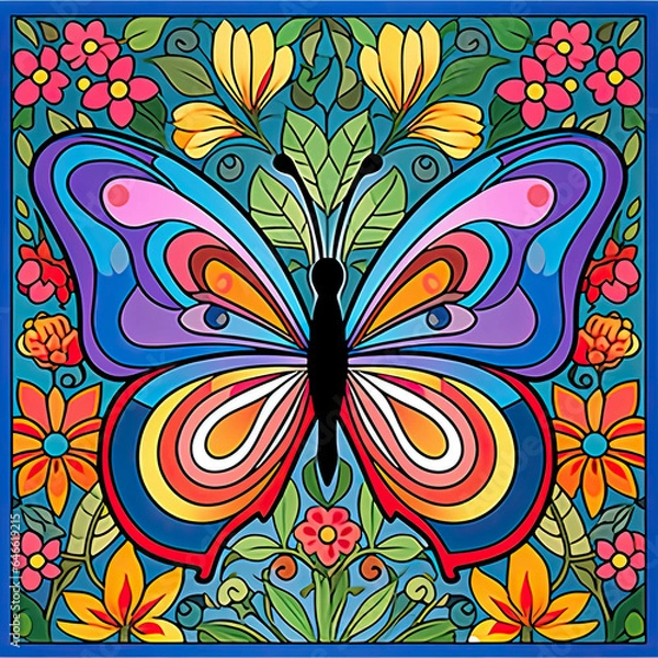 Fototapeta Colouring page for kids, a vibrant butterfly fluttering among colourful flowers AI Generated