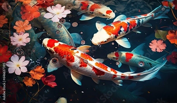 Fototapeta Koi fishes swimming in a koi fish pond created with AI