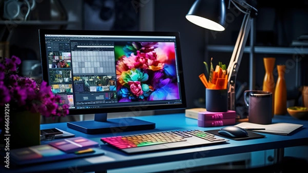 Fototapeta A Designer's Workspace Featuring a Graphic Tablet and Color Swatches