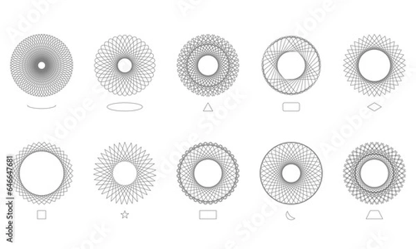 Fototapeta Set of circles spirograph made from spiral geometric shapes. Vector Illustration.