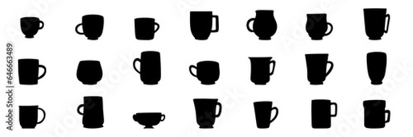 Fototapeta Set of cups silhouette. Hand drawn silhouette of mugs. Large collection of cup or mug silhouette. Vector illustration