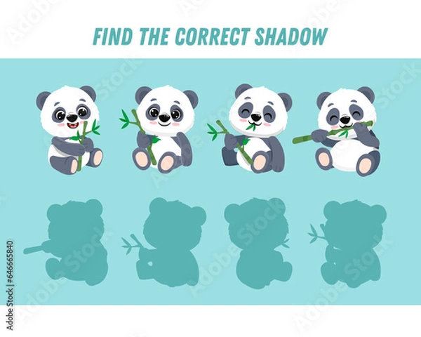 Fototapeta Find correct shadow of cute panda. Educational logical game for kids. Cartoon panda. 