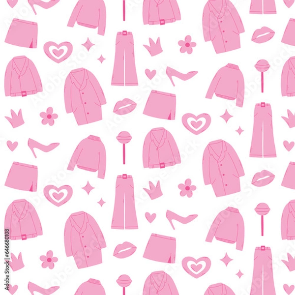 Fototapeta Seamless pattern barbicore. Vector illustration. Pink print with clothes. shoes.