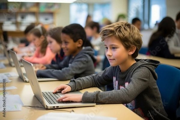 Obraz In a coding classroom, kids explore the world of computer-based learning, acquiring coding skills.
