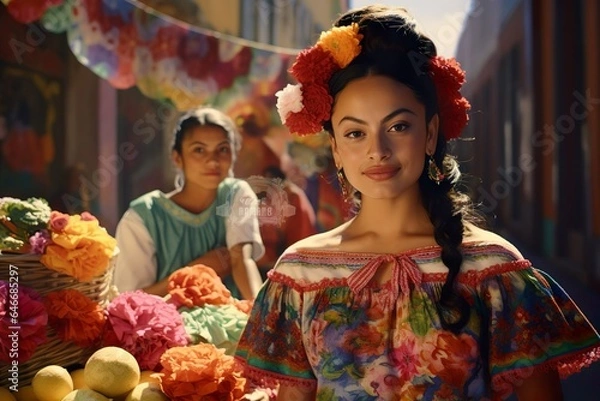 Obraz Mexican people in traditional attire for celebration of festival in sombrero or mexican hat 