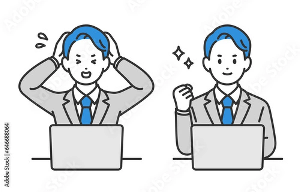 Fototapeta パソコンを見て焦る･ガッツポーズをするビジネスパーソン男性のセット【人物ベクターイラスト素材】