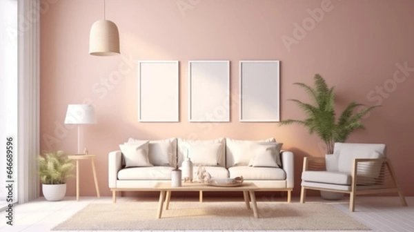 Fototapeta Bohemian Interior Design Style living room in pastel colors mock-up with frame for picture.