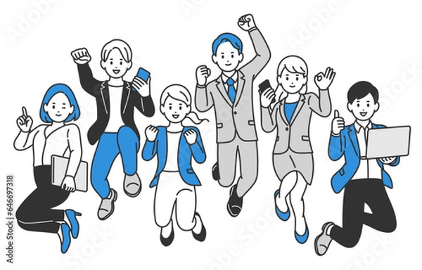 Obraz 横並びでジャンプするビジネスパーソン男女の全身セット【人物ベクターイラスト素材】