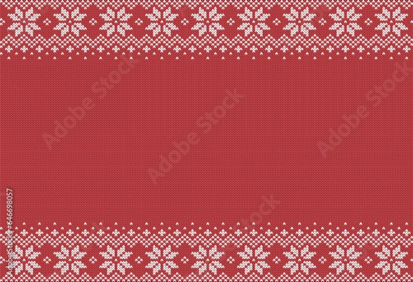 Obraz Red Christmas banner knit texture with snowflakes. Vector illustration.