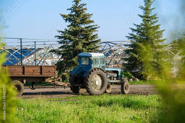 Obraz Tractor carrying a cart with greenhouses in the background