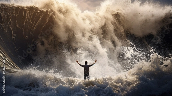 Fototapeta Tsunami Big waves. Stormy ocean wave, A man standing in the middle of a huge wave