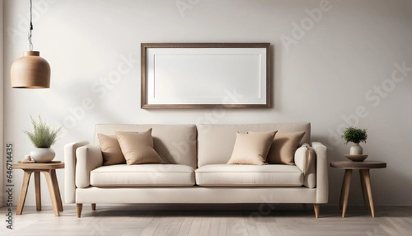 Fototapeta Modern living room simple interior design with beige fabric sofa and cushions and blank poster frame