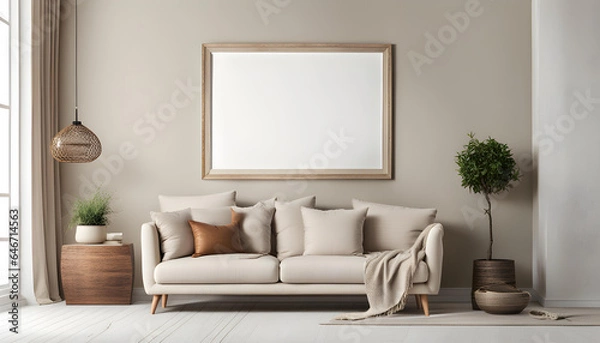 Fototapeta Modern living room simple interior design with beige fabric sofa and cushions and blank poster frame