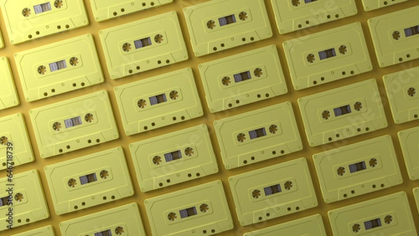 Fototapeta 3d rendering. Minimal creative background for retro technology concept. Yellow pastel cassette tape on yellow pastel background.  SHOTLIST1990.