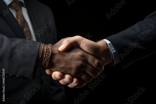 Fototapeta Businessmen in jackets are greeted by two hands close together