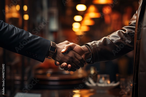 Obraz Businessmen in jackets are greeted by two hands close together